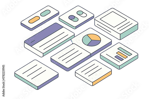 Isometric user interface design elements including charts, toggles, and abstract data cards