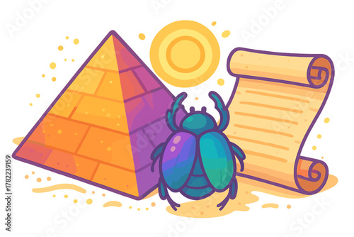 Stylized ancient Egyptian pyramid with sacred scarab beetle and old papyrus scroll under the bright sun