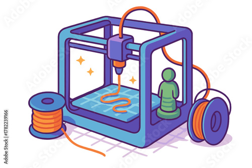 Colorful isometric modern 3D printer creating a small figure using orange filament and spools