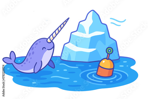 Happy narwhal whale swimming in the arctic sea near a giant iceberg and a bright orange navigational buoy