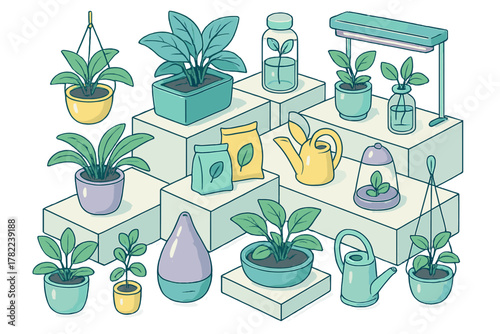 Isometric display of various potted houseplants and gardening supplies including watering cans and grow lights