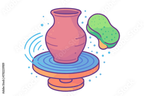 Clay pot on a spinning pottery wheel with a green sponge tool for shaping