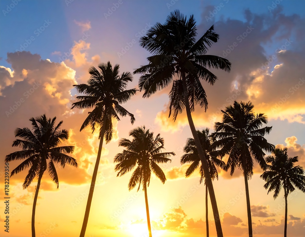 Obraz premium Silhouetted palm trees against a vibrant sunset sky with fluffy clouds. Golden sunlight streams through the scene. Tropical scene
