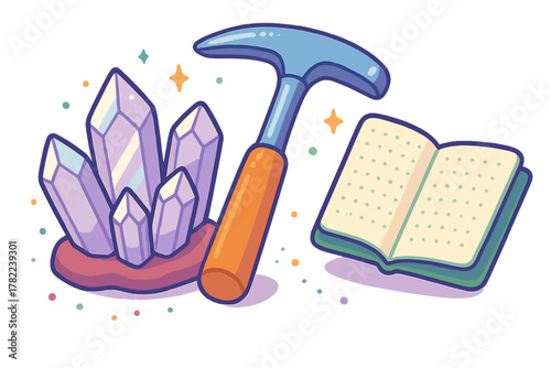 Geological exploration tools set with purple mineral crystals and field notebook