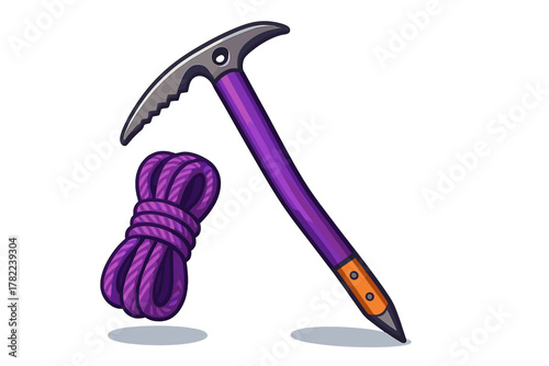 Bright purple ice axe and tightly coiled climbing rope for alpine mountaineering and ice climbing