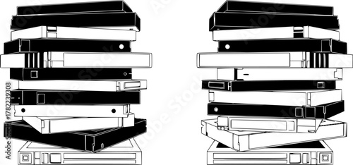 stack of VHS tapes, different angles, black and white, minimalist style, vector illustration