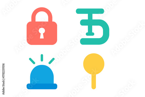 Set of colorful flat icons featuring security lock, clamp tool, alarm siren, and location pin