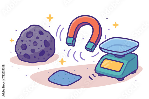 Scientific experiment setup showing a magnet, meteorite, and digital weighing scale