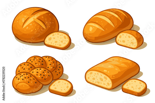 Assortment of freshly baked bread loaves and sliced pieces on a white background
