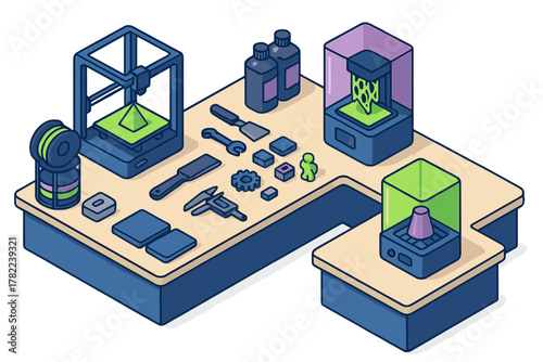 Modern desktop setup for additive manufacturing featuring different types of 3D printers and essential tools