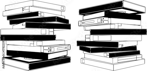 stack of VHS tapes, different angles, black and white, minimalist style, vector illustration