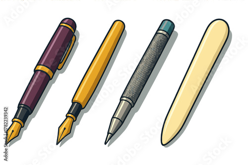 Assortment of classic fountain pens, mechanical pencil, and bone folder crafting tools