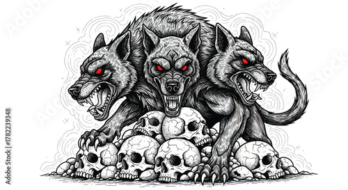 Terrifying Cerberus, Guardian of the Underworld, with Fiery Eyes Standing Guard Atop a Pile of Skulls - Mythical Creature for Fantasy Horror Designs