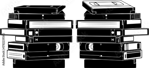 stack of VHS tapes, different angles, black and white, minimalist style, vector illustration