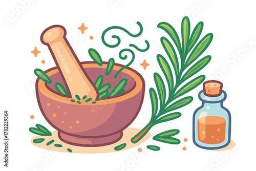 Mortar and pestle grinding fresh rosemary leaves next to a bottle of essential oil