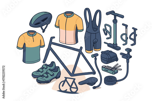 Collection of essential cycling gear and apparel including bike frame, helmet, shoes, and repair tools