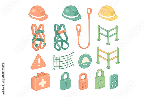 Isometric set of construction safety equipment, security tools, hard hats, harnesses, barriers, and padlocks