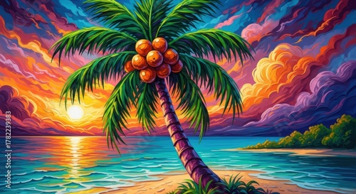 Vivid painting of a leaning palm tree laden with fruit on a tropical beach at sunset