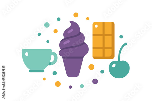 Colorful composition of soft serve ice cream cone, waffle, hot beverage cup, and cherry dessert items