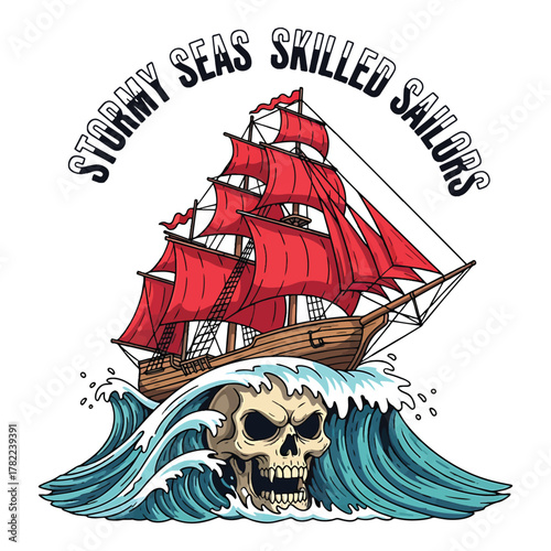 Vintage pirate ship sailing through stormy seas over a skull and crashing waves vector illustration