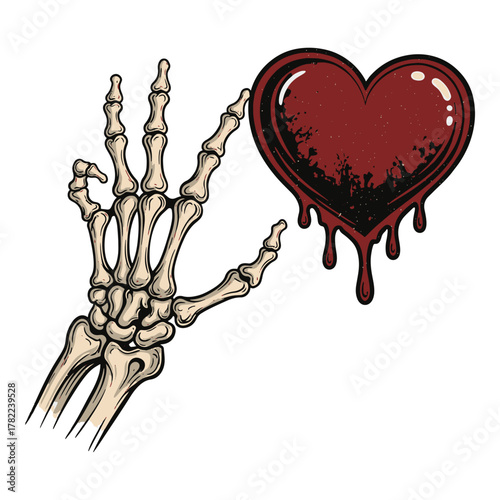 Skeleton hand reaching for a dripping bloody heart symbolizing loss love or a broken heart vector illustration