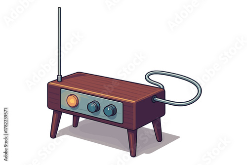 Vintage electronic musical instrument theremin with wooden body and knobs