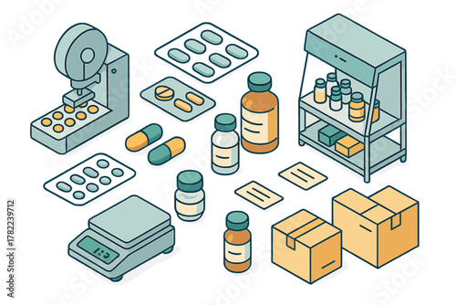 Isometric set of pharmaceutical manufacturing equipment, medicine bottles, capsules, scale, and shipping boxes