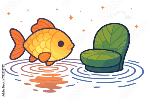 Bild auf Leinwand Stylized golden fish swimming over water ripples approaching a large green lily