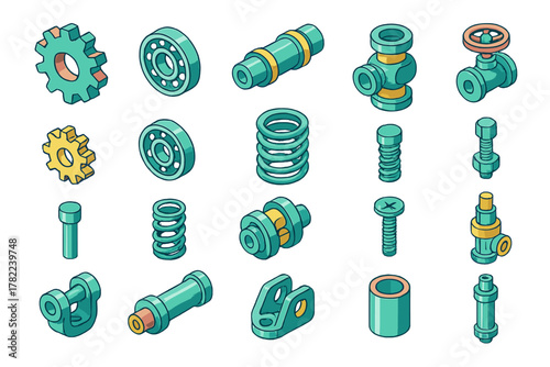 Isometric set of mechanical components including gears, bolts, springs, bearings, and valves