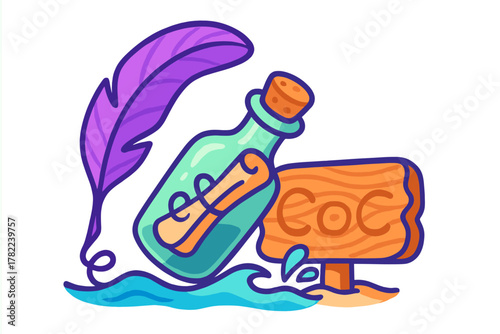 Message in a bottle floating on the ocean next to a purple feather and wooden signpost
