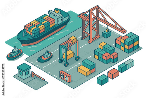 Busy shipping port terminal with large container ship, gantry crane, and stacked freight containers