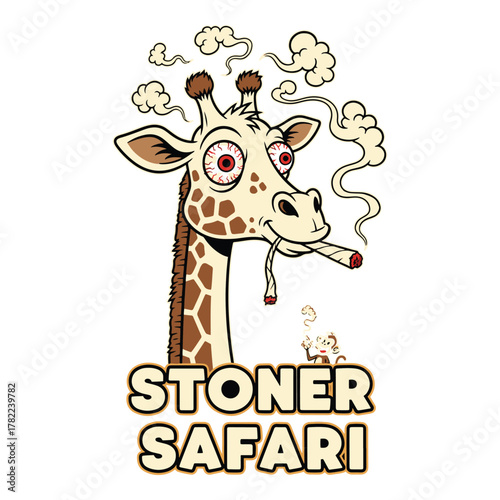 Humorous illustration of a cartoon giraffe with red eyes smoking a marijuana joint surrounded by smoke clouds and text stoner safari vector illustration
