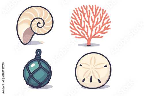 Stylized marine objects set with nautilus shell, branching coral, fishing float, and sand dollar