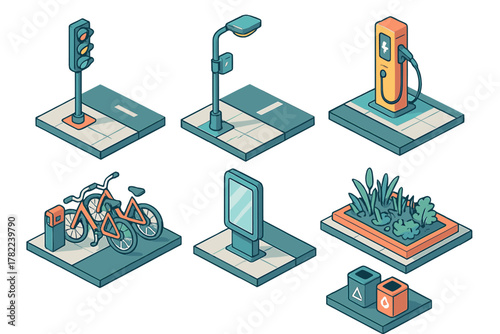 Isometric urban infrastructure elements promoting sustainable city living