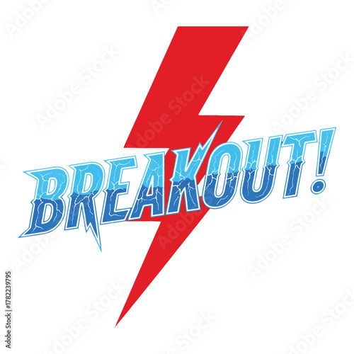 Dynamic red lightning bolt symbol behind the word breakout in blue with a dripping effect vector illustration