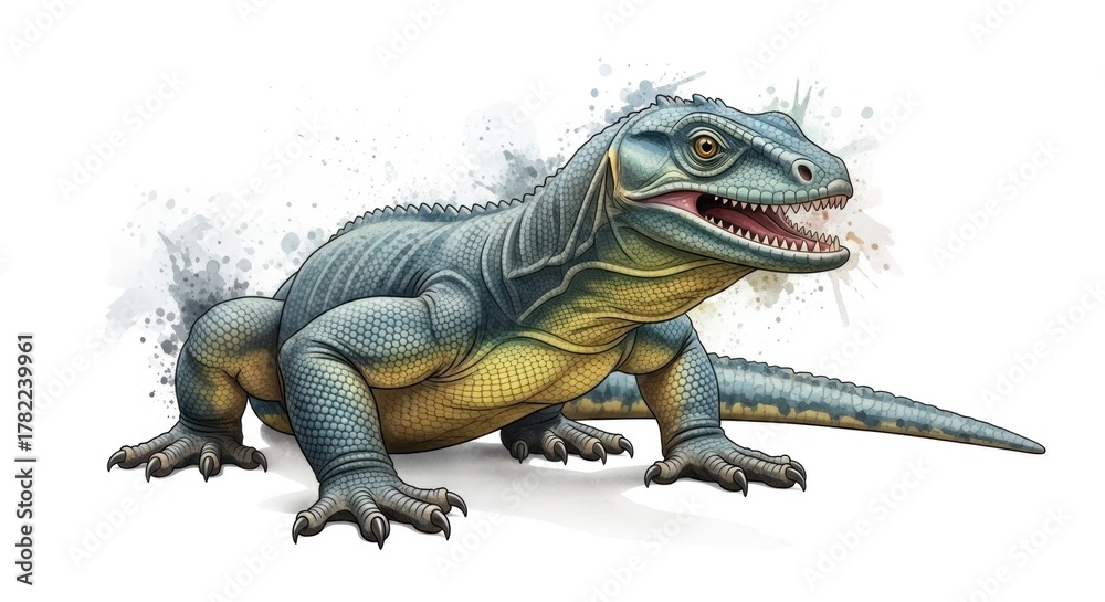 Fototapeta premium Watercolor style depiction of a Komodo dragon, rendered in vibrant blues and yellows, on white
