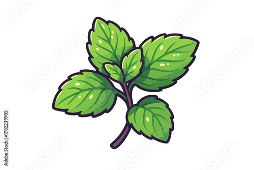 Vibrant green mint sprig with stylized leaves and dark stem isolated on white background