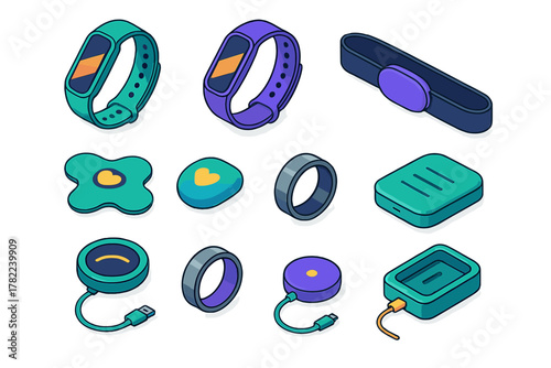 Isometric wearable technology devices set including smart rings, fitness trackers, and charging accessories