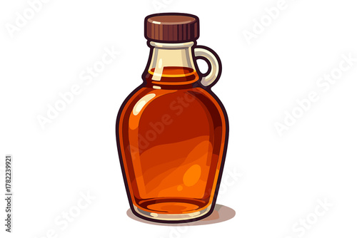 Glass jug of rich amber maple syrup with a brown cap isolated on white background