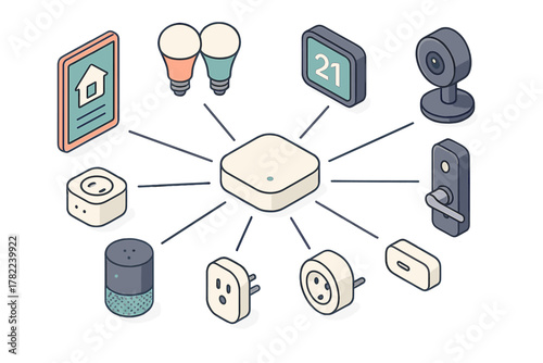 Isometric diagram showing smart home devices connected to a central control hub and network system