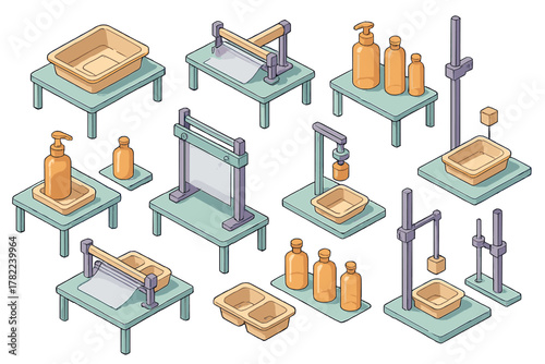 Isometric set of laboratory equipment for packaging and quality control testing of liquid products