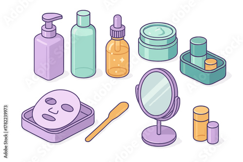 Cosmetic skincare products including bottles, jars, serum dropper, mask, and mirror in isometric perspective