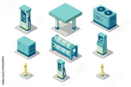 Isometric elements set for a modern fueling station with dispensers, canopy, and storage tanks