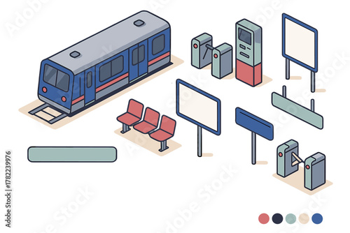 Isometric public transportation infrastructure set featuring subway train station seats ticket barriers and signs