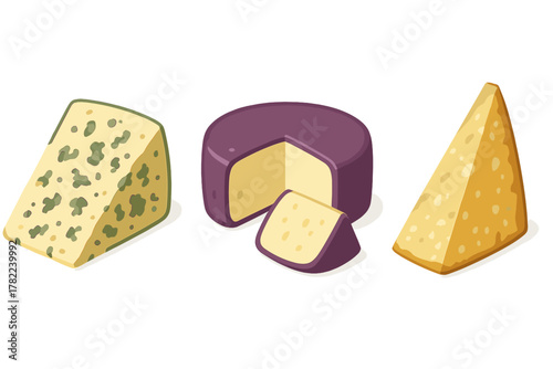 Collection of gourmet cheese types including blue cheese and hard yellow wedges