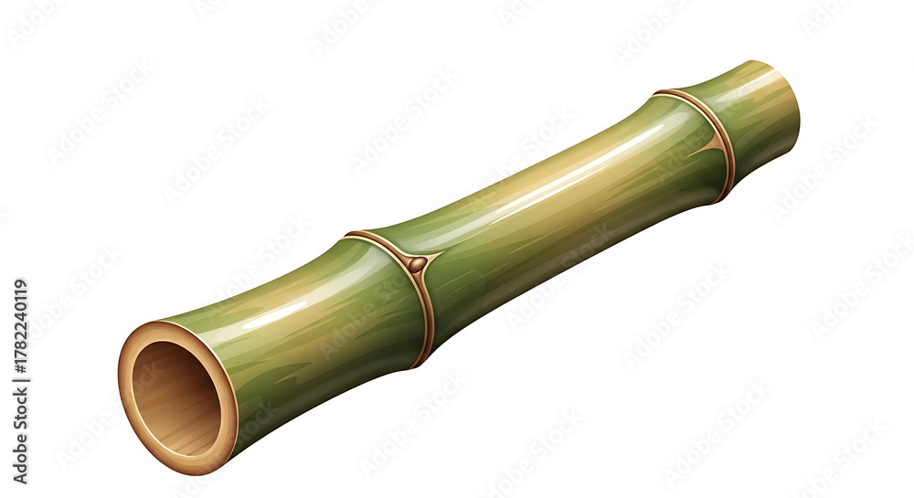 Naklejka premium A single hollow green bamboo stalk segment with visible nodes and a cut end isolated on a white background
