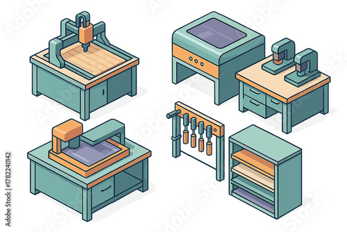 Isometric set of digital fabrication machines, workshop tools, and storage furniture