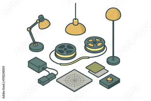 Isometric set of modern lighting equipment featuring desk lamp, floor lamp, ceiling fixture, and LED strip reels