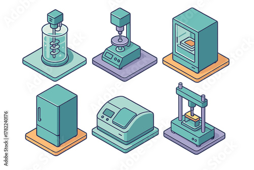 Isometric scientific laboratory equipment set including mixer press incubator refrigerator
