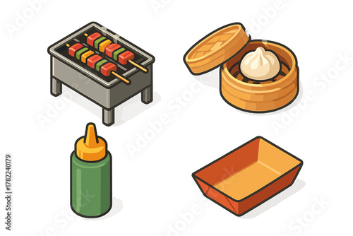 Isometric set of barbecue grill, meat skewers, dim sum steamer basket, squeeze bottle, and food tray